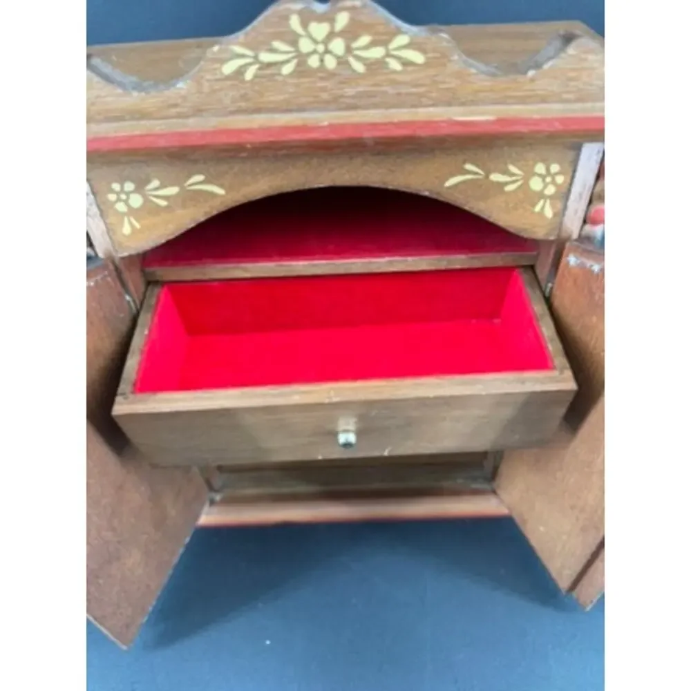 Vintage 1970s Wooden Floral Painted Jewelry Armoire Music Box